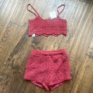 Zara Red Lace Swim Shorts High-Waisted